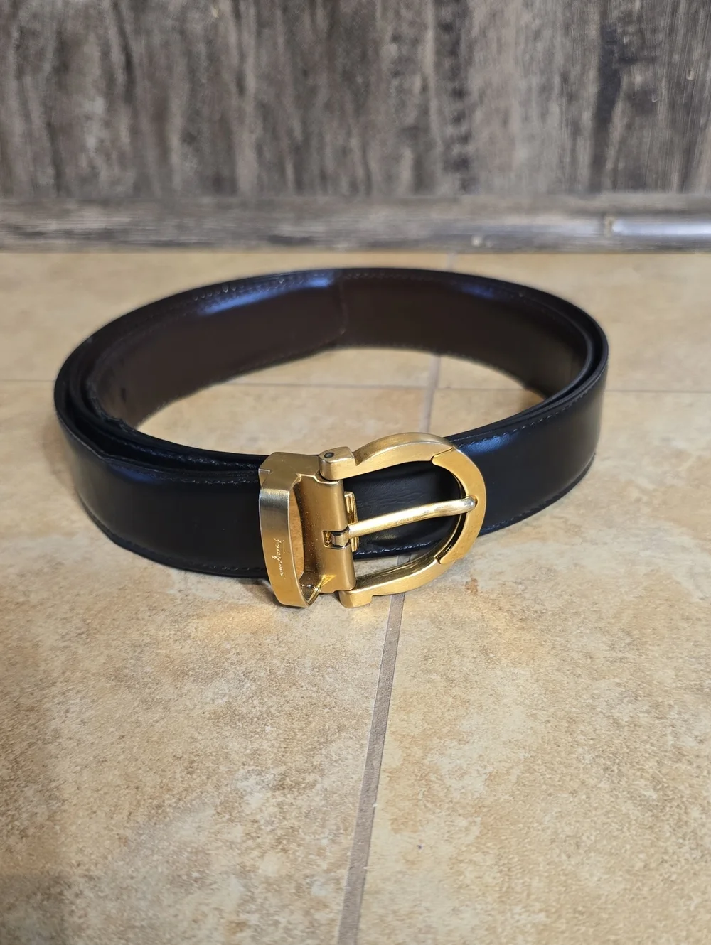 Salvatore Ferragamo Black And Brown Leather Belt with Gold Gancini Buckle